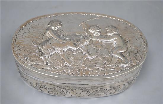 A late 19th century German Hanau embossed white metal oval box, J.D. Schleissner & Sohne, 16.2cm, 9oz.